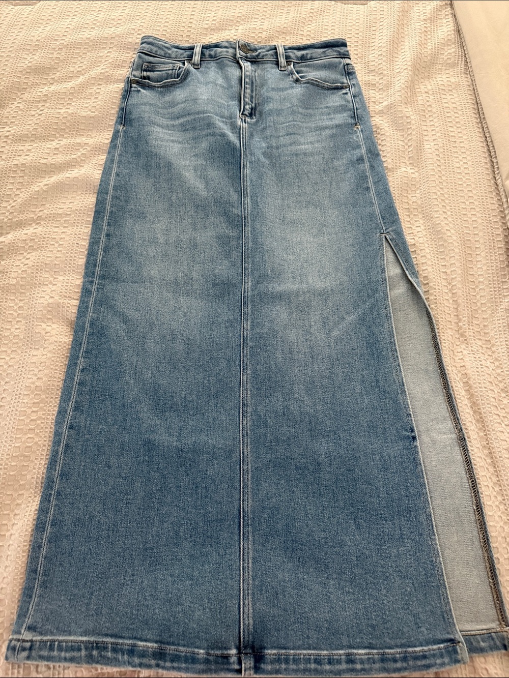 High-Rise Blue Denim Maxi Skirt with Side Slit